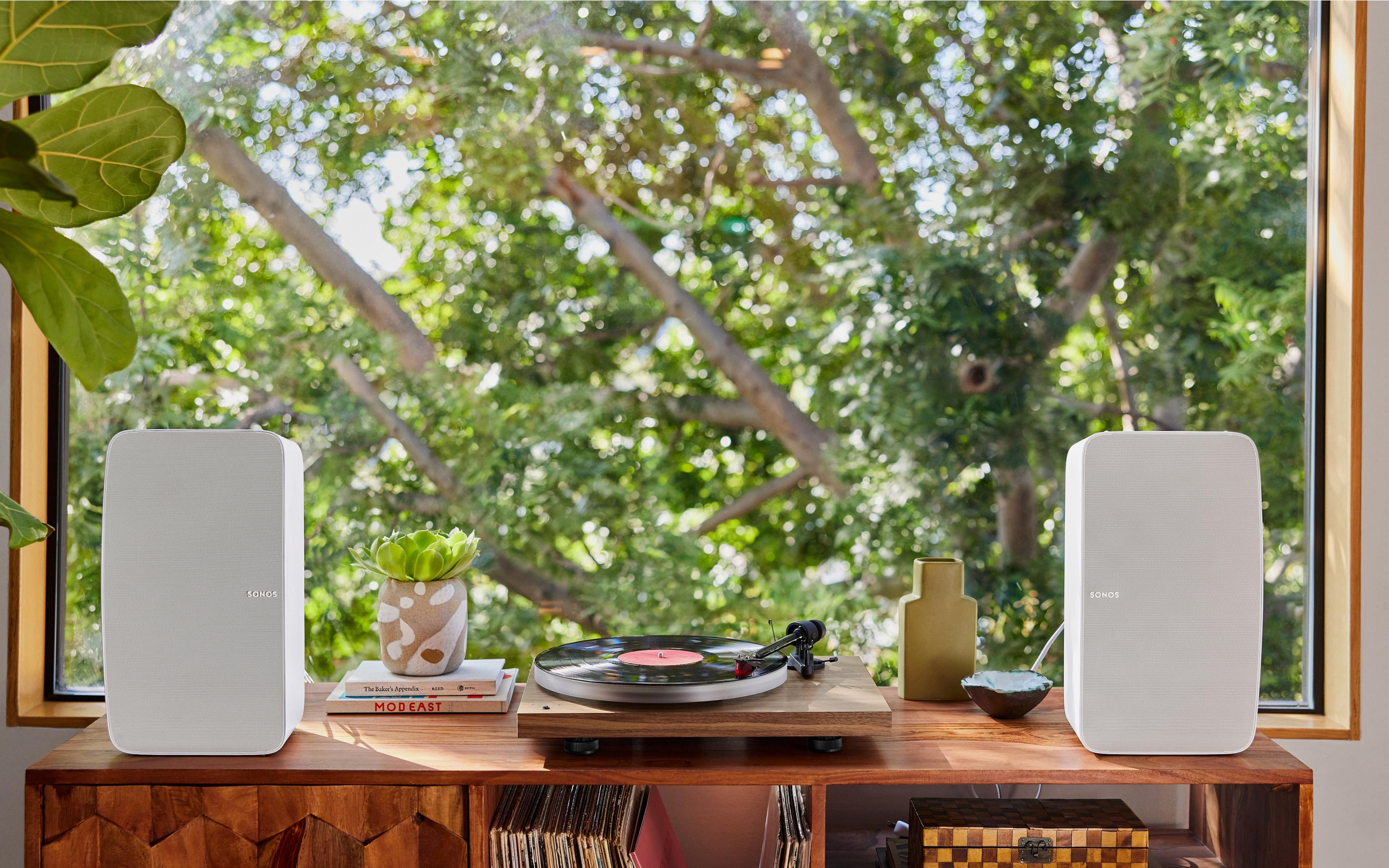 Five White by the window with record player